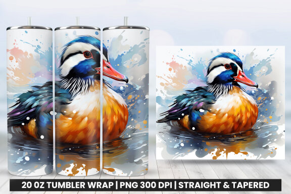 Watercolor Mandarin Duck Tumbler Wrap Sublimation Design PNG