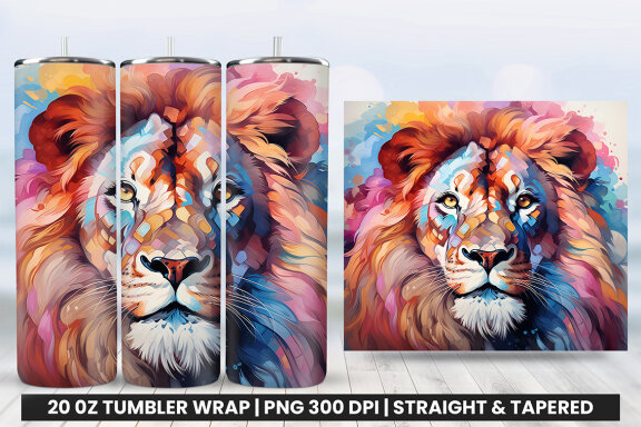 Watercolor Lion Tumbler Wrap PNG Design, Tumbler Wrap Sublimation