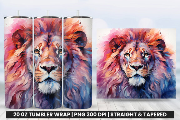 Watercolor Lion Tumbler Wrap PNG Design, Tumbler Wrap Sublimation