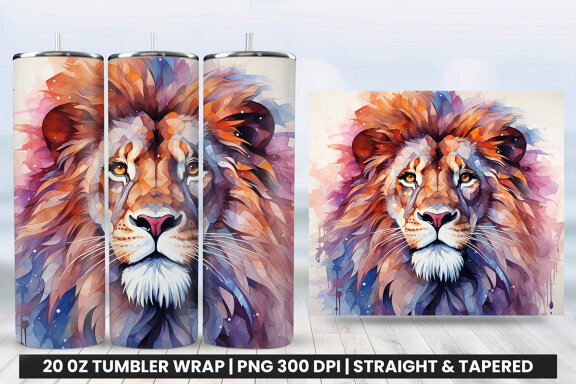 Watercolor Lion Tumbler Wrap PNG Design, Tumbler Wrap Sublimation