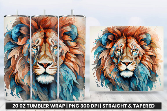Watercolor Lion Tumbler Wrap PNG Design, Tumbler Wrap Sublimation