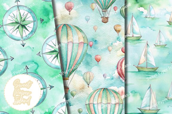 Pack Of 10 Digital Papers - Retro Travel In Watercolor