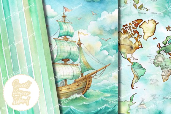 Pack Of 10 Digital Papers - Retro Travel In Watercolor