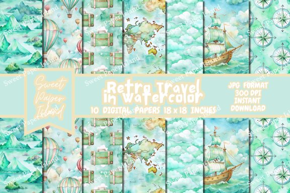 Pack Of 10 Digital Papers - Retro Travel In Watercolor