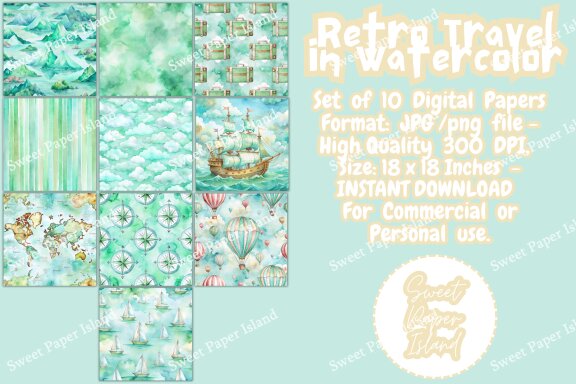 Pack Of 10 Digital Papers - Retro Travel In Watercolor