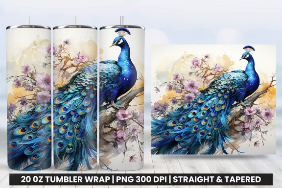 Watercolor Peacock Tumbler Wrap Design, Tumbler Sublimation