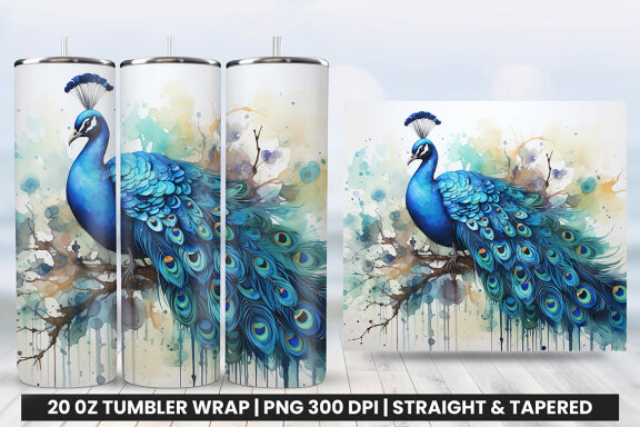 Watercolor Peacock Tumbler Wrap Design, Tumbler Sublimation