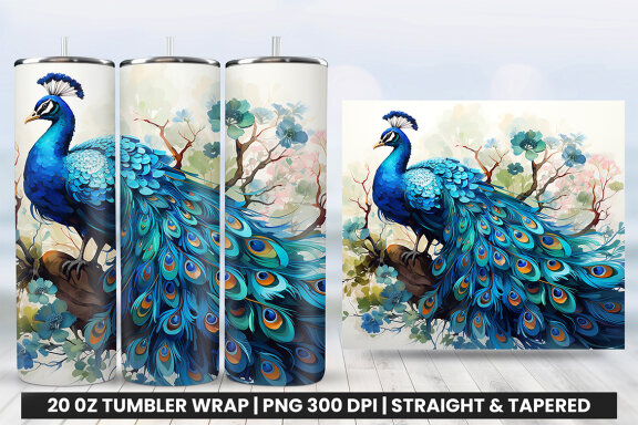 Watercolor Peacock Tumbler Wrap Design, Tumbler Sublimation