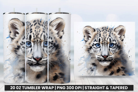 Watercolor Snow Leopard Tumbler Wrap Sublimation PNG Design