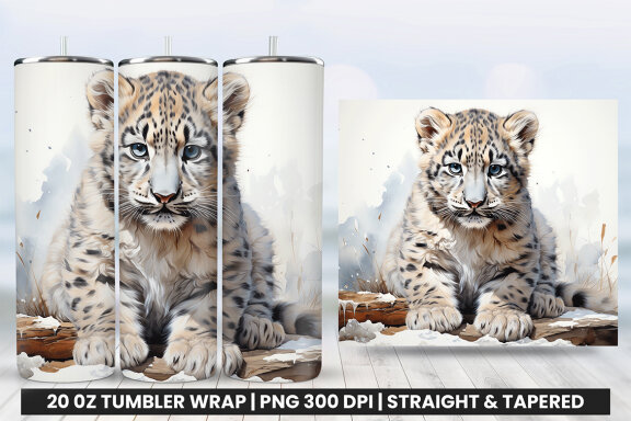 Watercolor Snow Leopard Tumbler Wrap Sublimation PNG Design