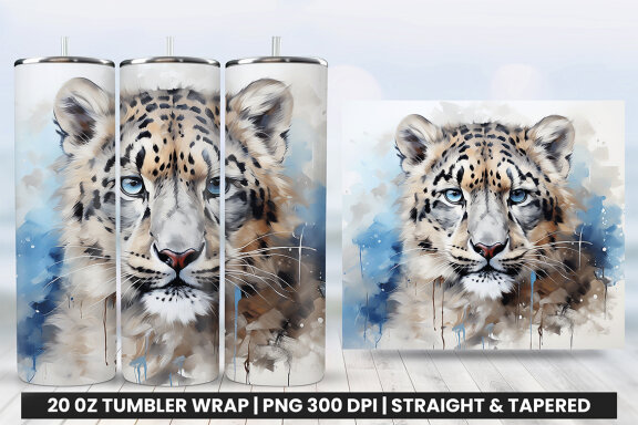 Watercolor Snow Leopard Tumbler Wrap Sublimation PNG Design
