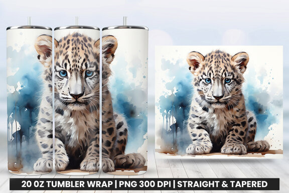 Watercolor Snow Leopard Tumbler Wrap Sublimation PNG Design
