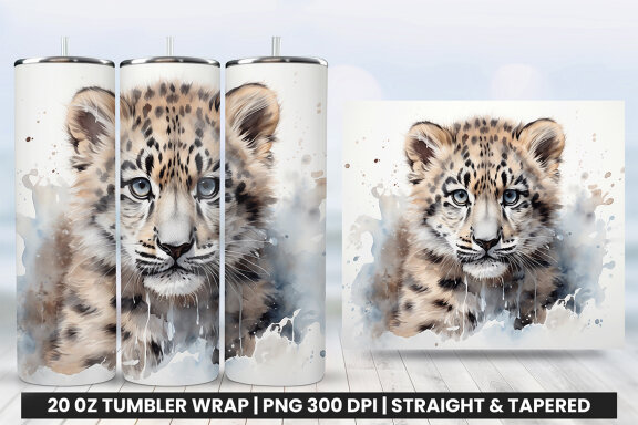 Watercolor Snow Leopard Tumbler Wrap Sublimation PNG Design