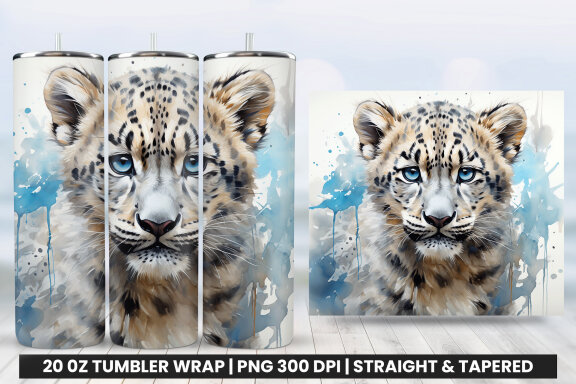 Watercolor Snow Leopard Tumbler Wrap Sublimation PNG Design