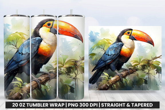 Watercolor Toucan Tumbler Sublimation PNG Design, Tumbler Wrap PNG