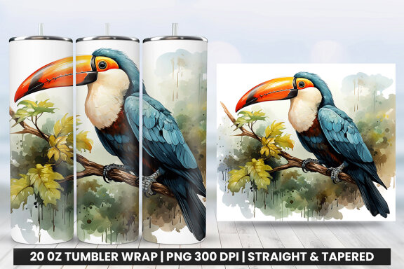 Watercolor Toucan Tumbler Sublimation PNG Design, Tumbler Wrap PNG