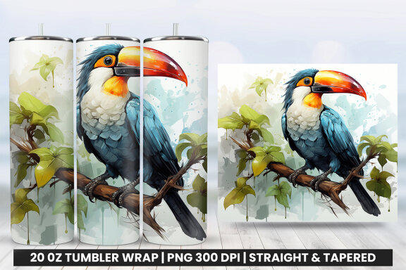 Watercolor Toucan Tumbler Sublimation PNG Design, Tumbler Wrap PNG