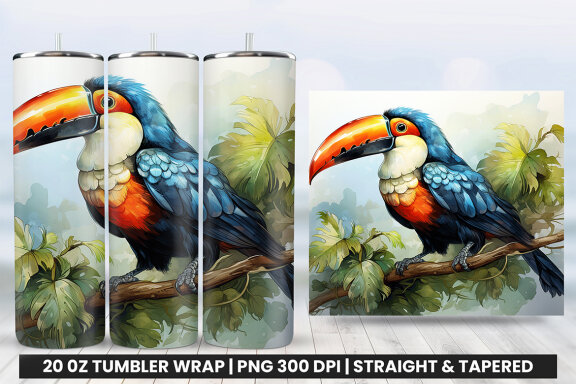 Watercolor Toucan Tumbler Sublimation PNG Design, Tumbler Wrap PNG