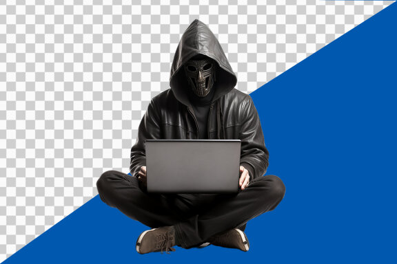 Hacker stealing data from laptop on transparent background