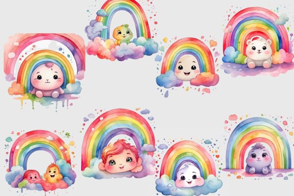 set of cute rainbow watercolor illustrations