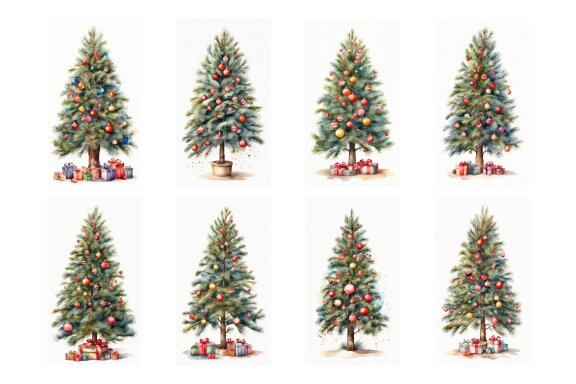 set of christmas pine tree decorations watercolor illustration