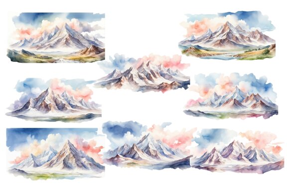 set of mountain landscape watercolor illustrations