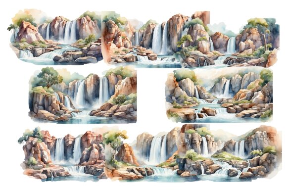 set of watercolor illustration waterfalls