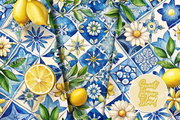 6 FREE Digital Papers - Lemons And Tiles
