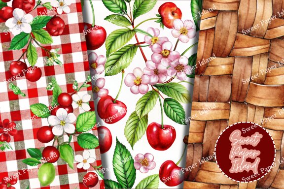 Pack Of 6 Digital Papers - Cherry Garden In Watercolor