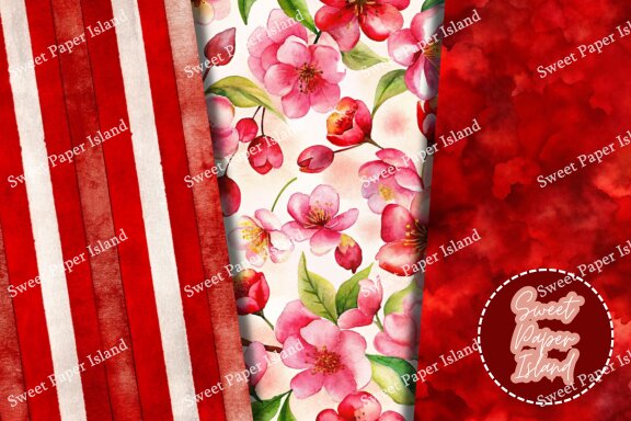 Pack Of 6 Digital Papers - Cherry Garden In Watercolor