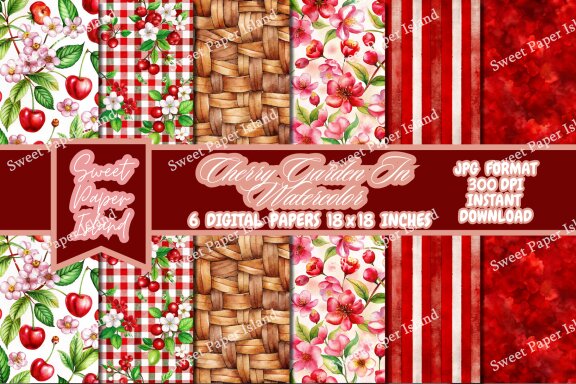 Pack Of 6 Digital Papers - Cherry Garden In Watercolor