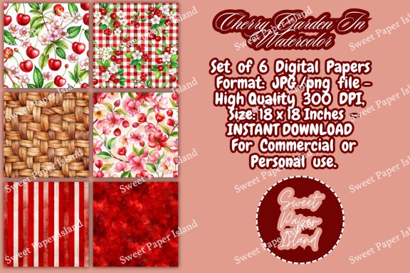 Pack Of 6 Digital Papers - Cherry Garden In Watercolor