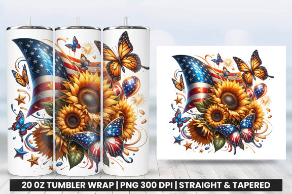 4th of July Butterfly Sublimation Tumbler Wrap