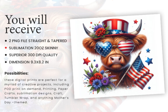 4th of July Highland Cow Sublimation Tumbler Wrap