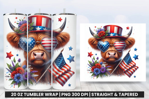 4th of July Highland Cow Sublimation Tumbler Wrap