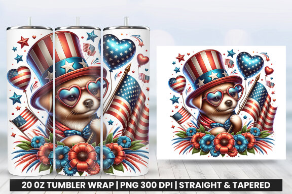4th of July Lion Dog Sublimation Tumbler Wrap PNG