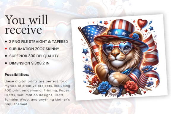 4th of July Lion Sublimation Tumbler Wrap PNG