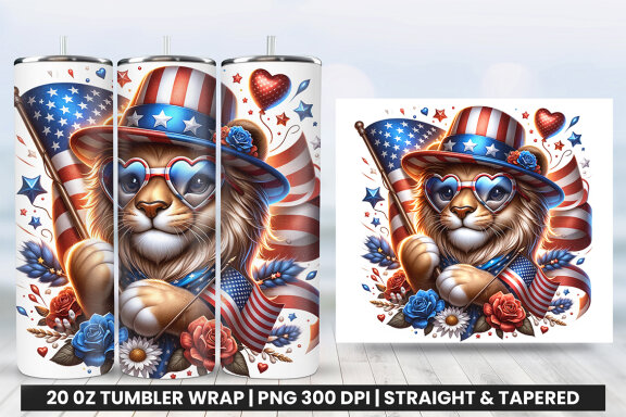4th of July Lion Sublimation Tumbler Wrap PNG