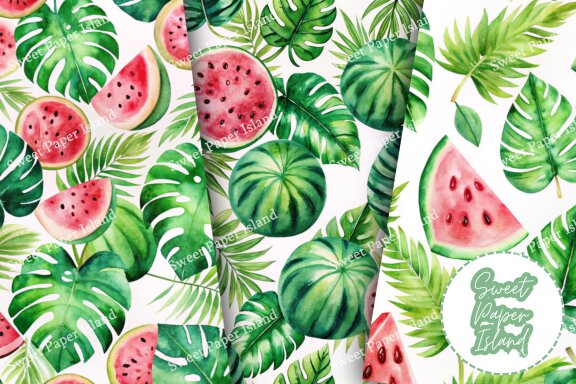 Pack Of 8 Digital Papers - Watermelon Garden In Watercolor