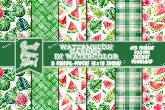 Pack Of 8 Digital Papers - Watermelon Garden In Watercolor