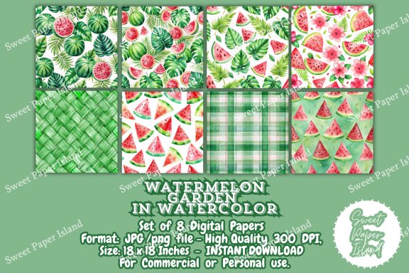 Pack Of 8 Digital Papers - Watermelon Garden In Watercolor