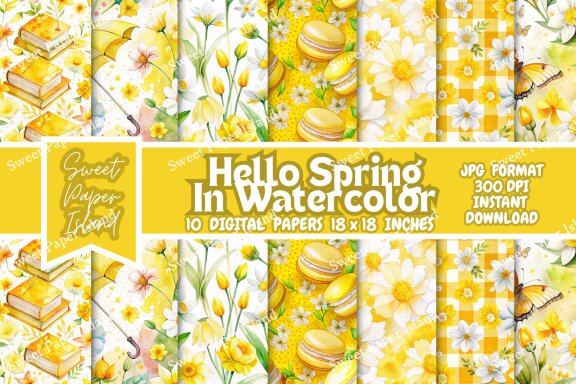 Pack Of 10 Digital Papers - Hello Spring In Watercolor