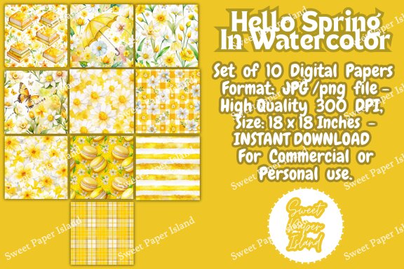 Pack Of 10 Digital Papers - Hello Spring In Watercolor