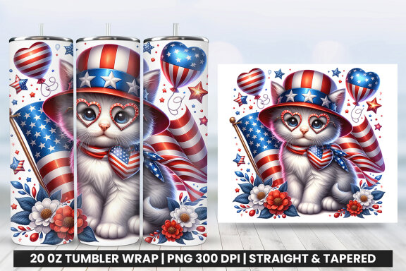 4th of July Tumbler Wrap Sublimation Patriotic Kitten