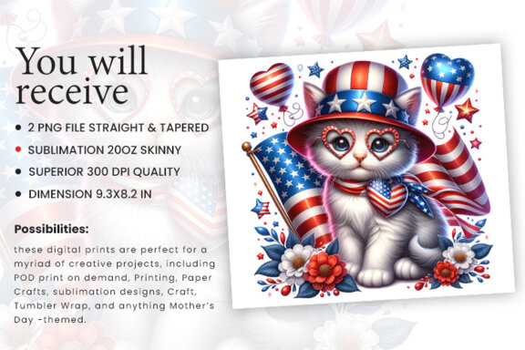 4th of July Tumbler Wrap Sublimation Patriotic Kitten