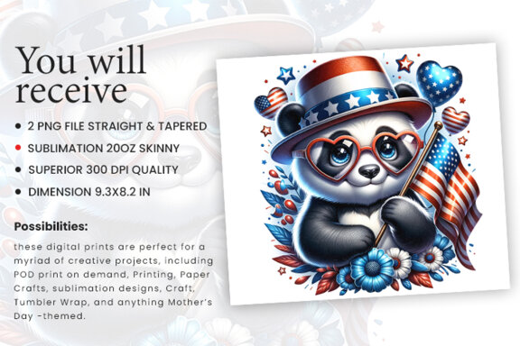4th of July Tumbler Wrap Sublimation Patriotic Panda PNG