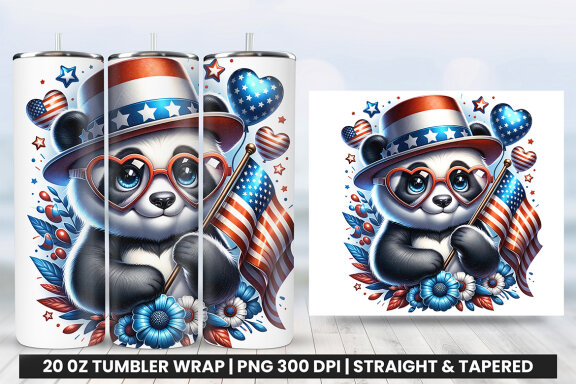 4th of July Tumbler Wrap Sublimation Patriotic Panda PNG