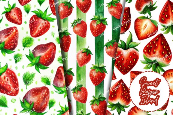 Pack Of 6 Digital Papers - Strawberries Garden In Watercolor