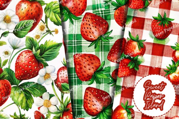 Pack Of 6 Digital Papers - Strawberries Garden In Watercolor