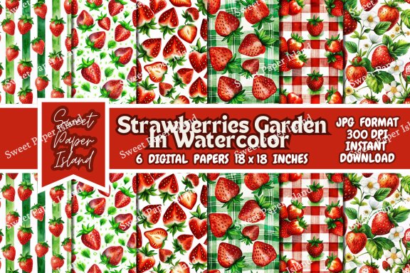 Pack Of 6 Digital Papers - Strawberries Garden In Watercolor